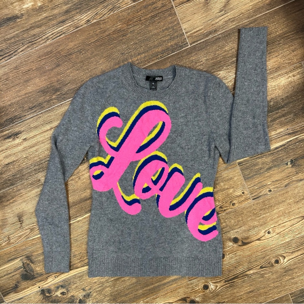 AQUA 100% Cashmere “Love” Sweater – Graphic Knit